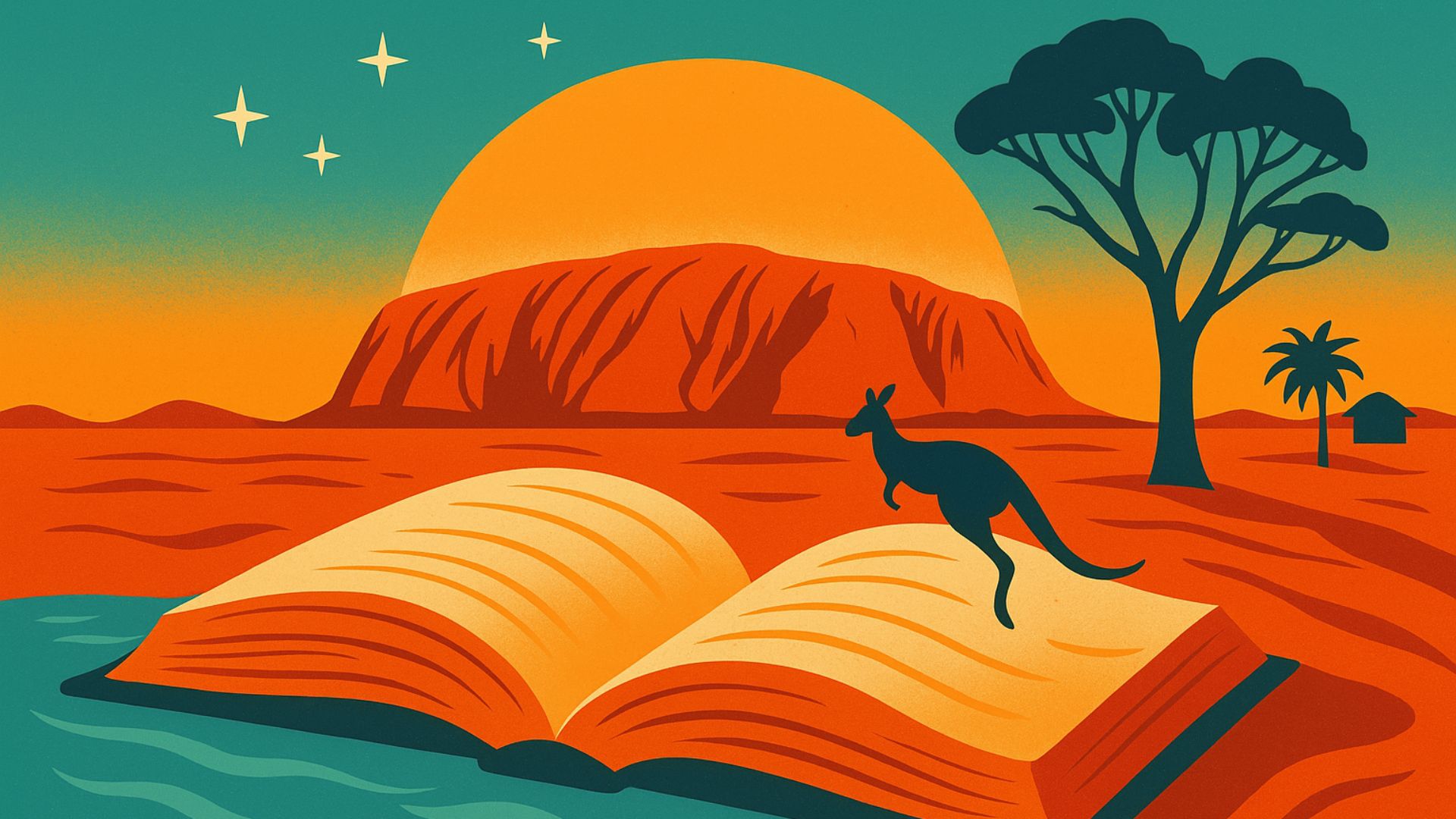 Livre ouvert au bord d’un billabong rouge, kangourou lointain et Uluru flamboyant sous le couchant