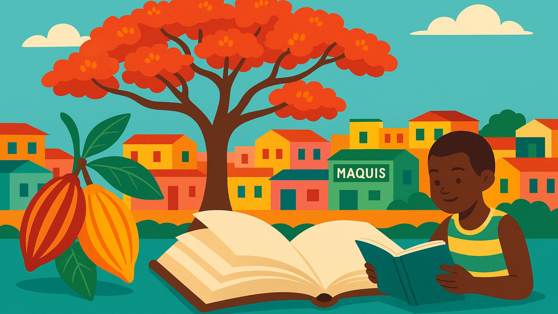 Livre ouvert devant les toits colorés de Yopougon, flamboyant en fleurs sous un ciel d’azur