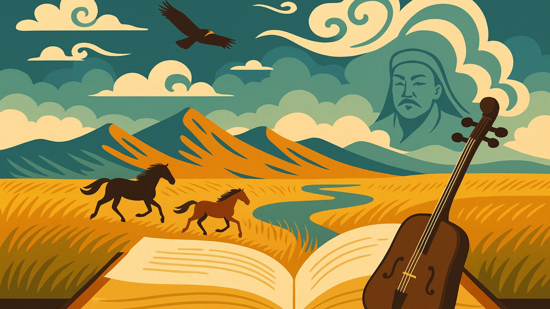 Livre ouvert sur une steppe aux herbes argentées, cavalier solitaire à l’horizon sous un ciel immense