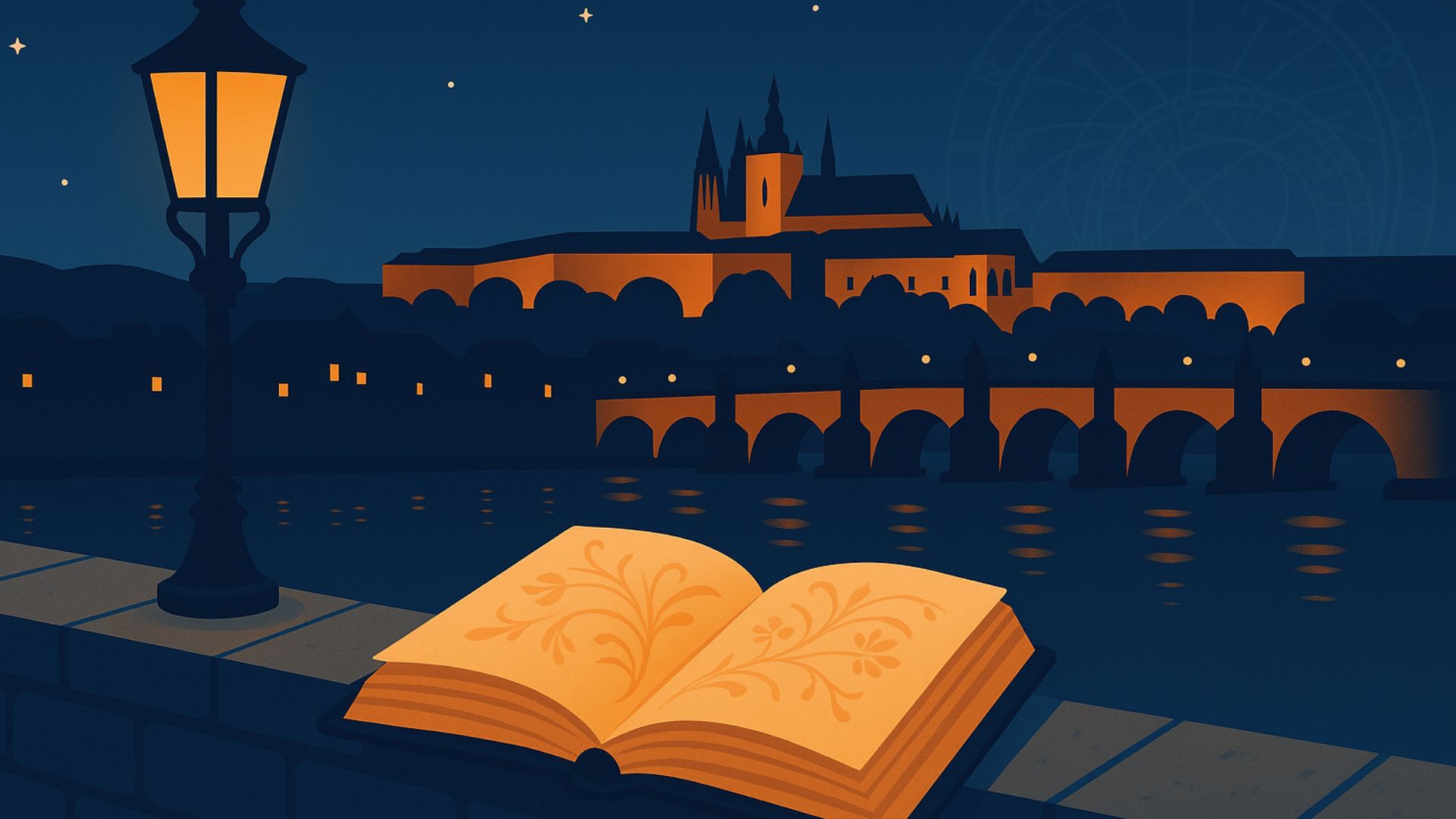 Livre ouvert sur un parapet nocturne, pont Charles illuminé et Vltava scintillante en arrière-plan