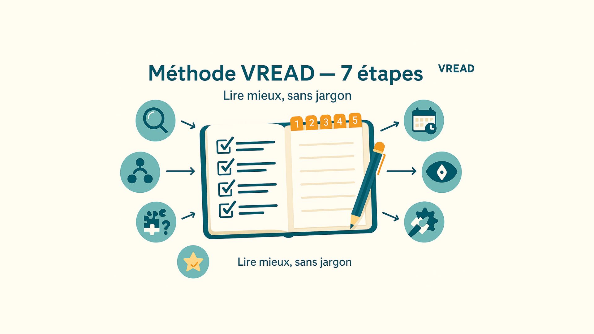 Bannière VREAD : checklist “7 étapes” pour analyser un roman, carnet et icônes en style plat